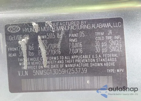 2009 Hyundai Santa Fe Gls z USA, uszkodzony, nr VIN 5NMSG13D59H253739